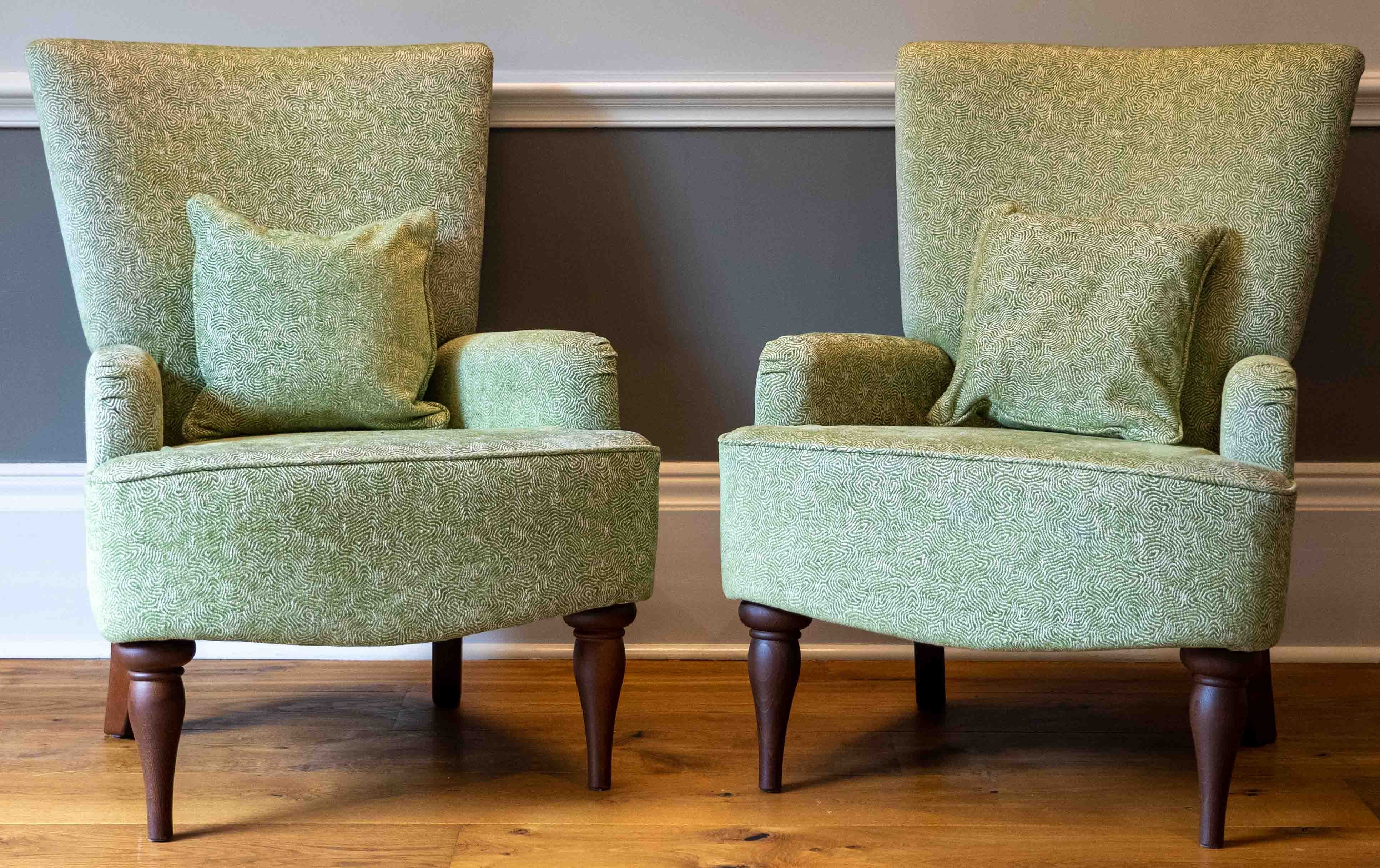 A pair of Wesley Barrell armchairs, width 77cm, depth 60cm, height 98cm. Condition - good